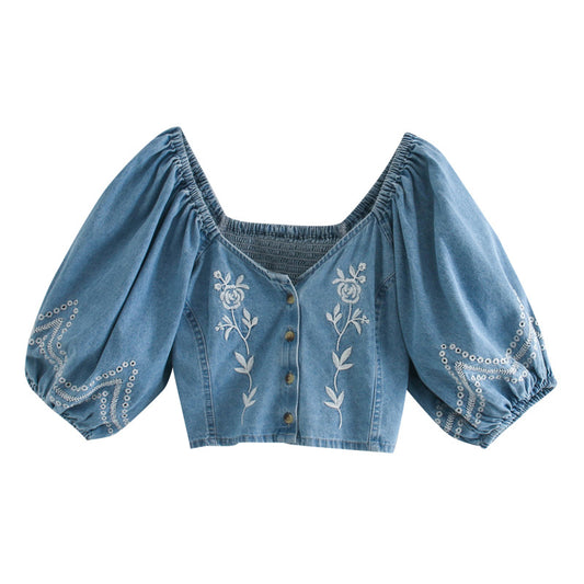 Short denim crop top embroidered style front button short sleeve
