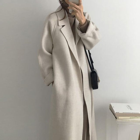 Double-sided woolen mid-length loose maci women’s belt coat