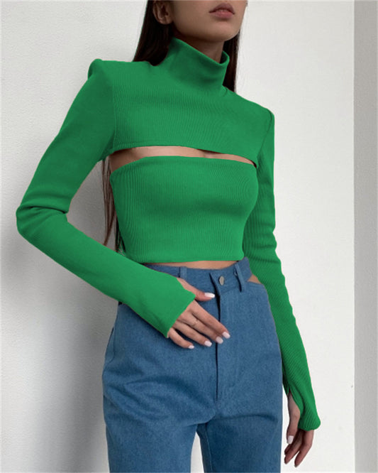 Hollow High-neck Ribbed Sweater Long-sleeved Tight-fitting Crop Top