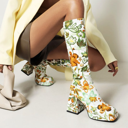 Fashion High Heel Print Square Toe  Knight Boots Women